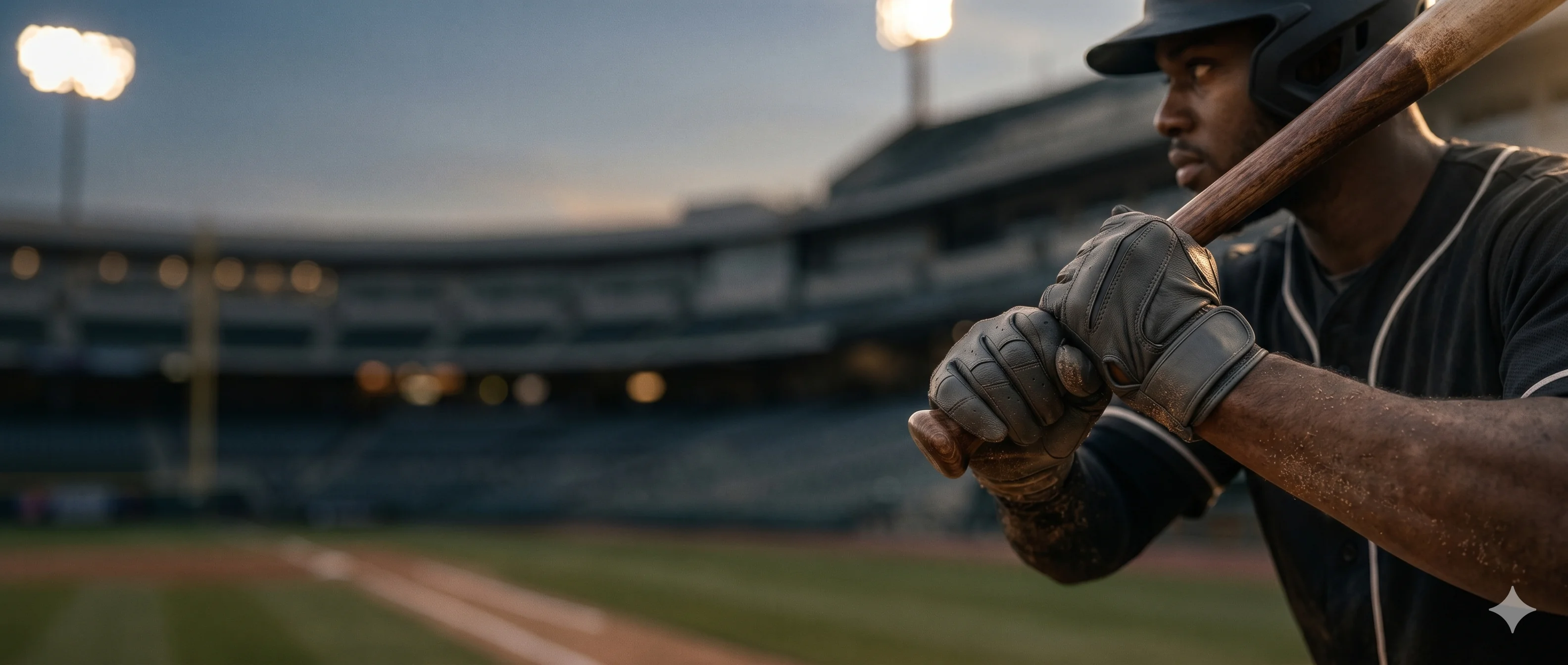 Baseball player gripping bat at stadium at dusk