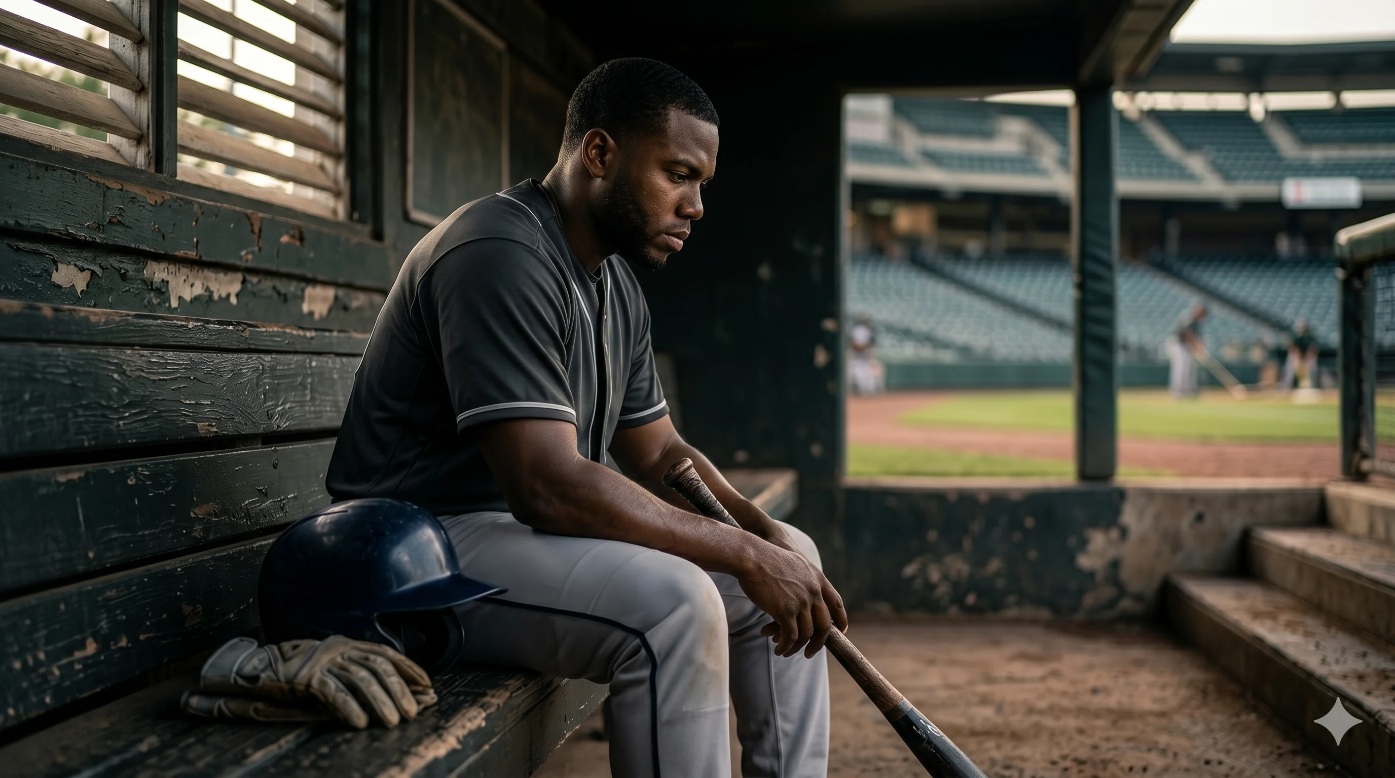 Player focused in dugout before at-bat