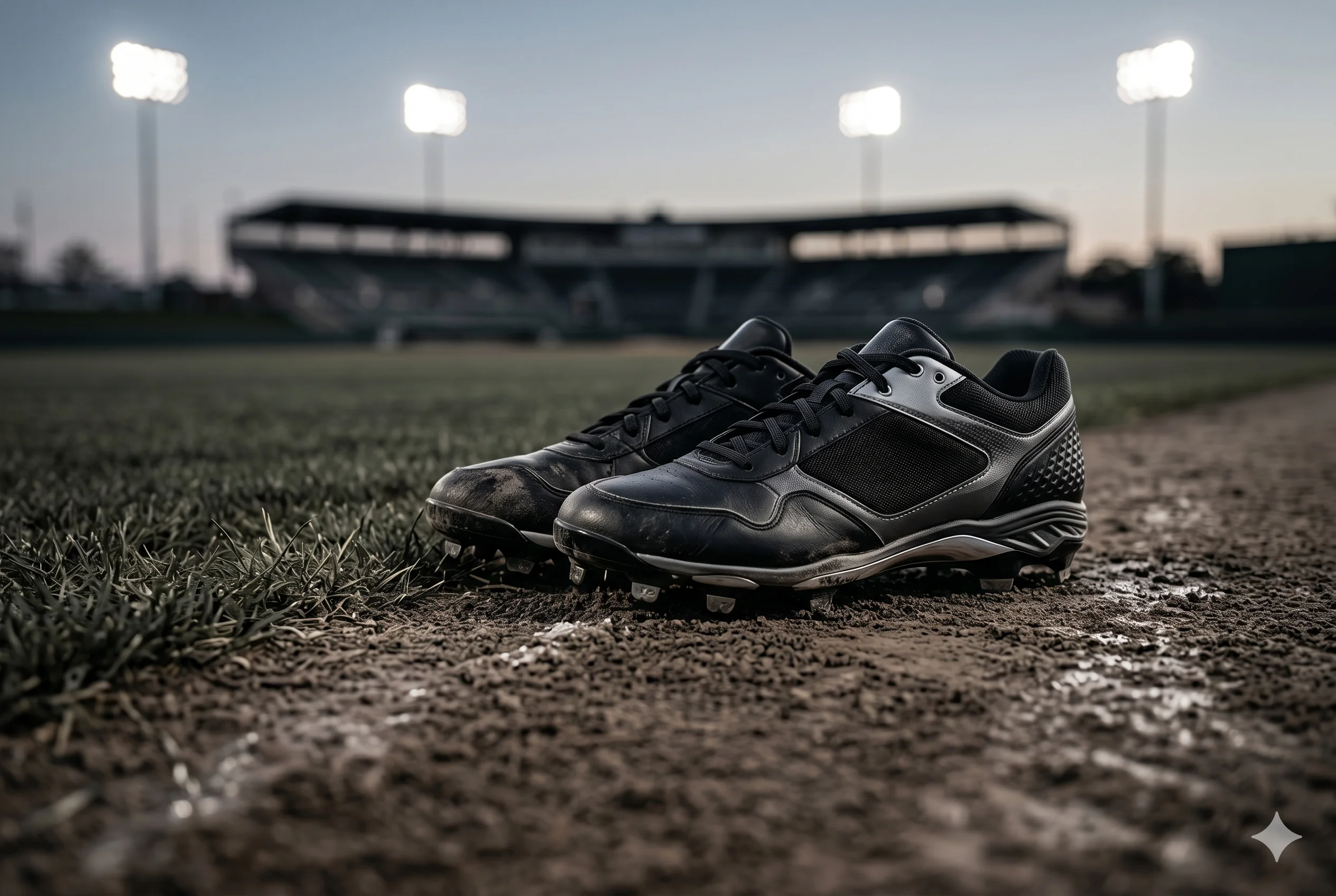 Baseball cleats on the field at night
