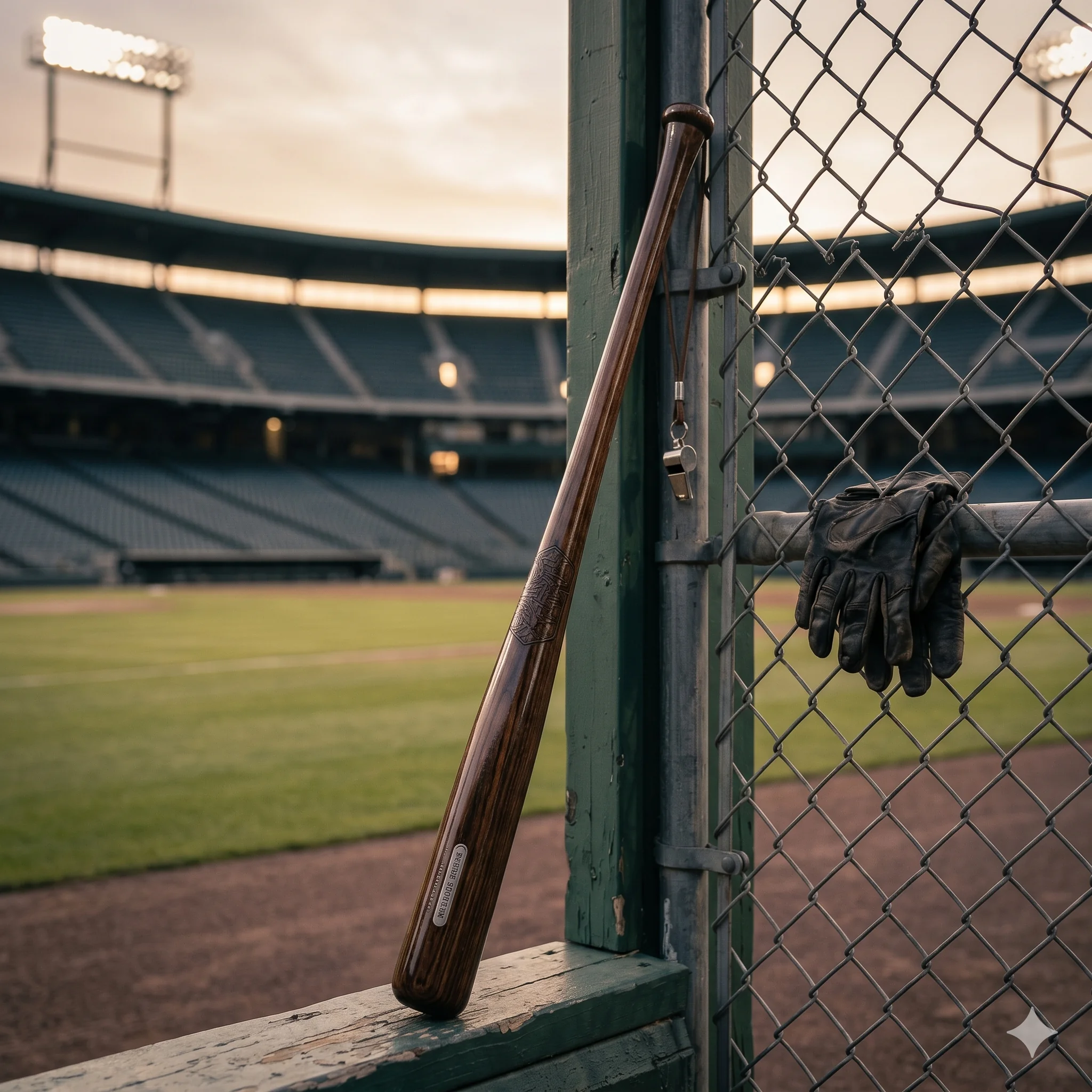 Baseball bat resting against dugout fence