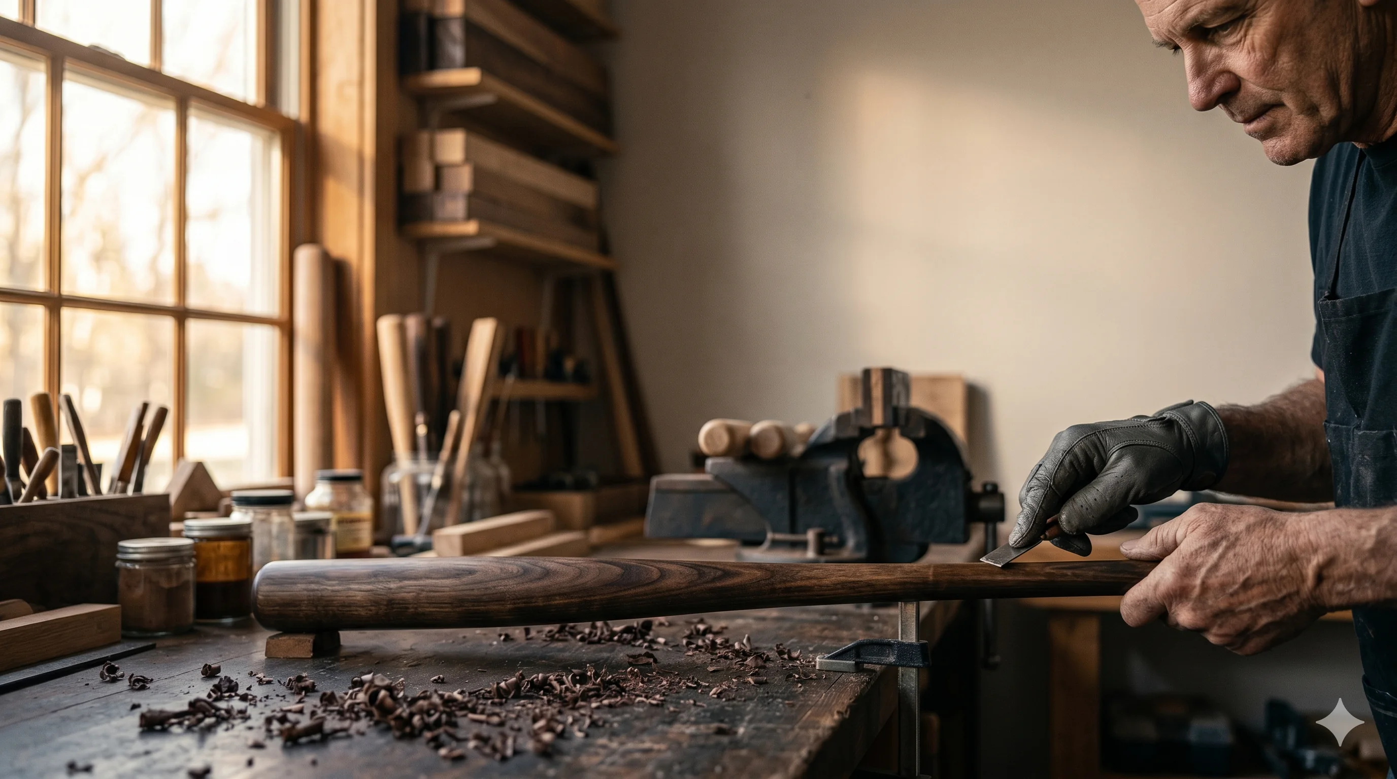 Craftsman hand-finishing a wooden baseball bat in workshop