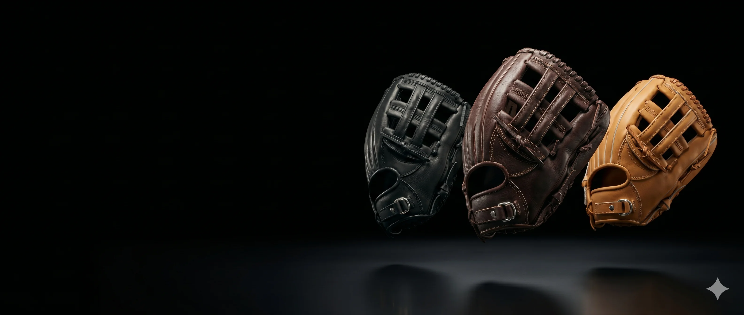 Three premium baseball gloves floating on dark background