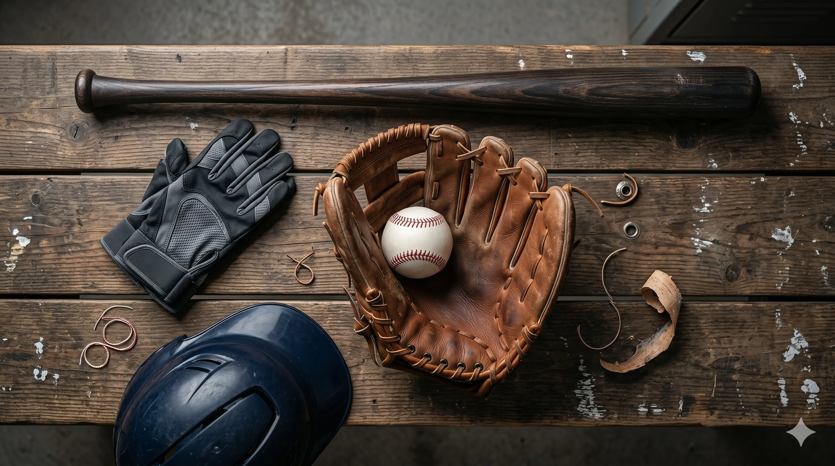 Baseball equipment on dugout bench