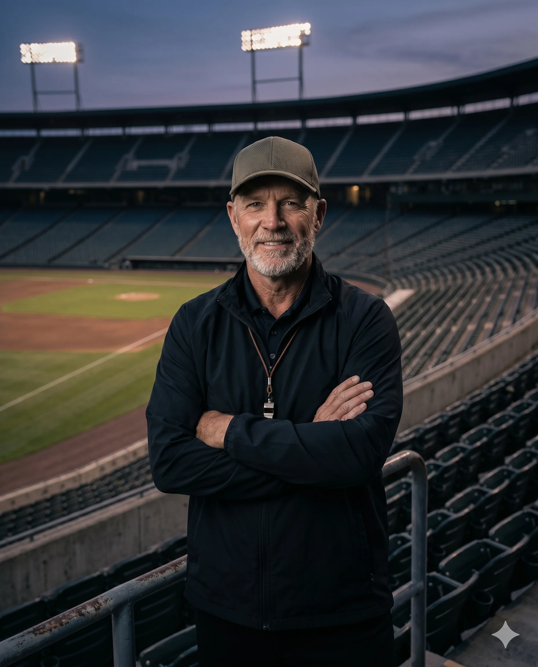 Coach at empty stadium at dusk