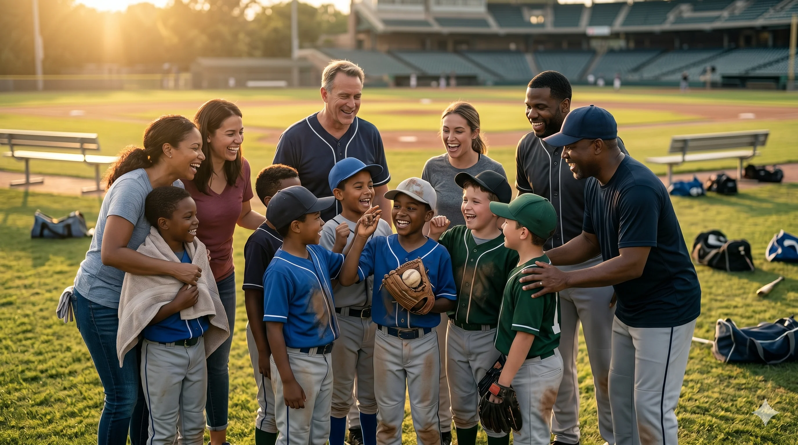 Youth baseball players celebrating with coaches and parents