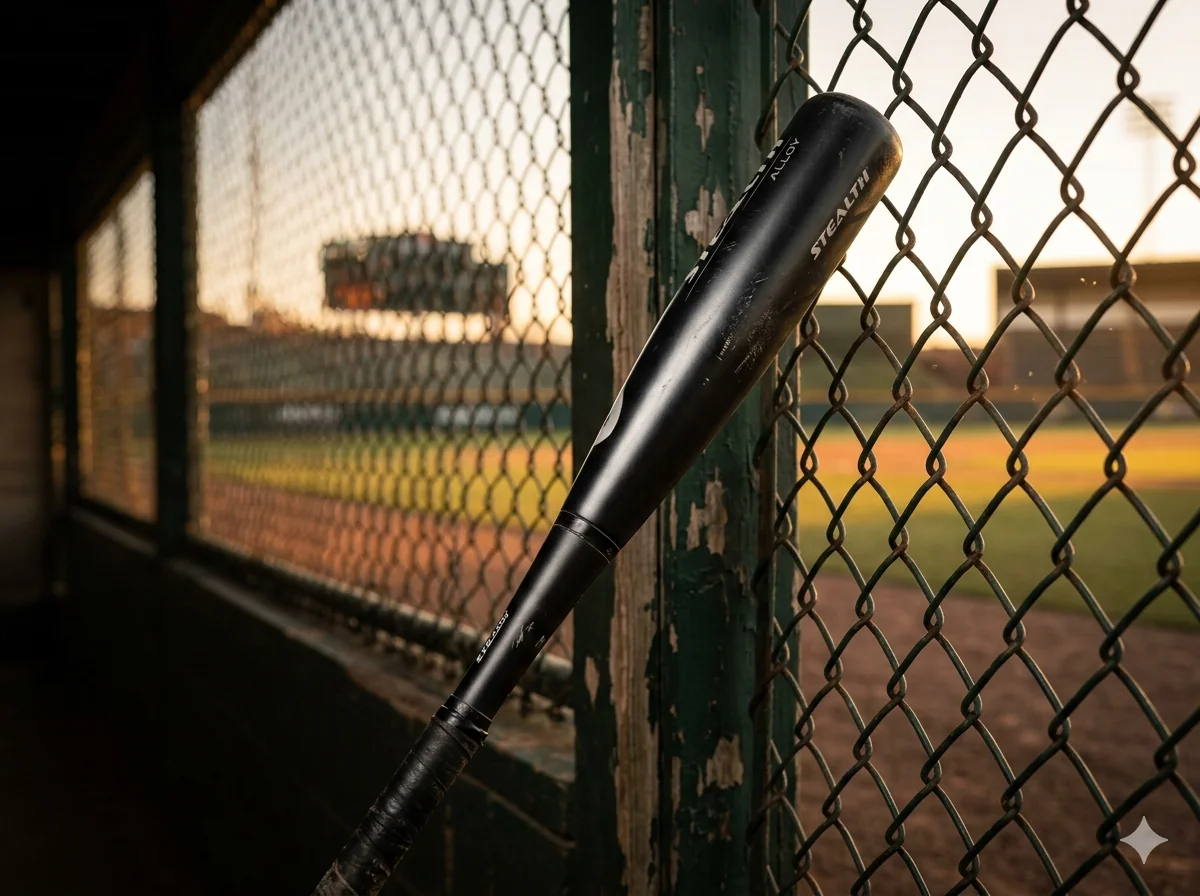 Baseball bat resting against dugout fence