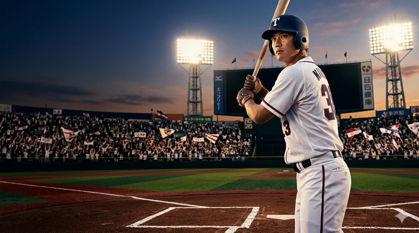 Baseball player gripping bat at stadium at dusk
