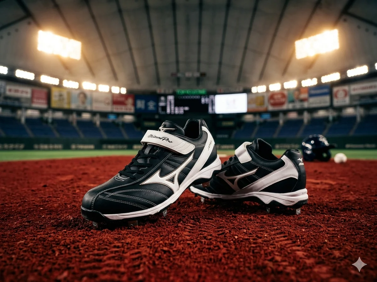 Baseball cleats on the field at night