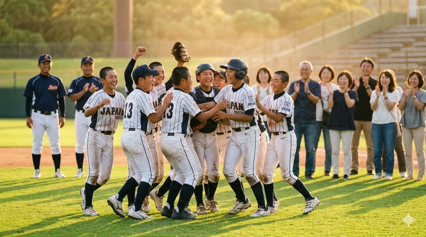 Youth baseball players celebrating with coaches and parents