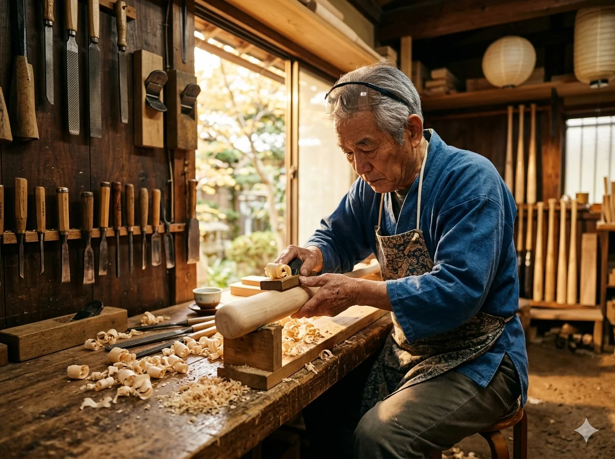 Craftsman hand-finishing a wooden baseball bat in workshop