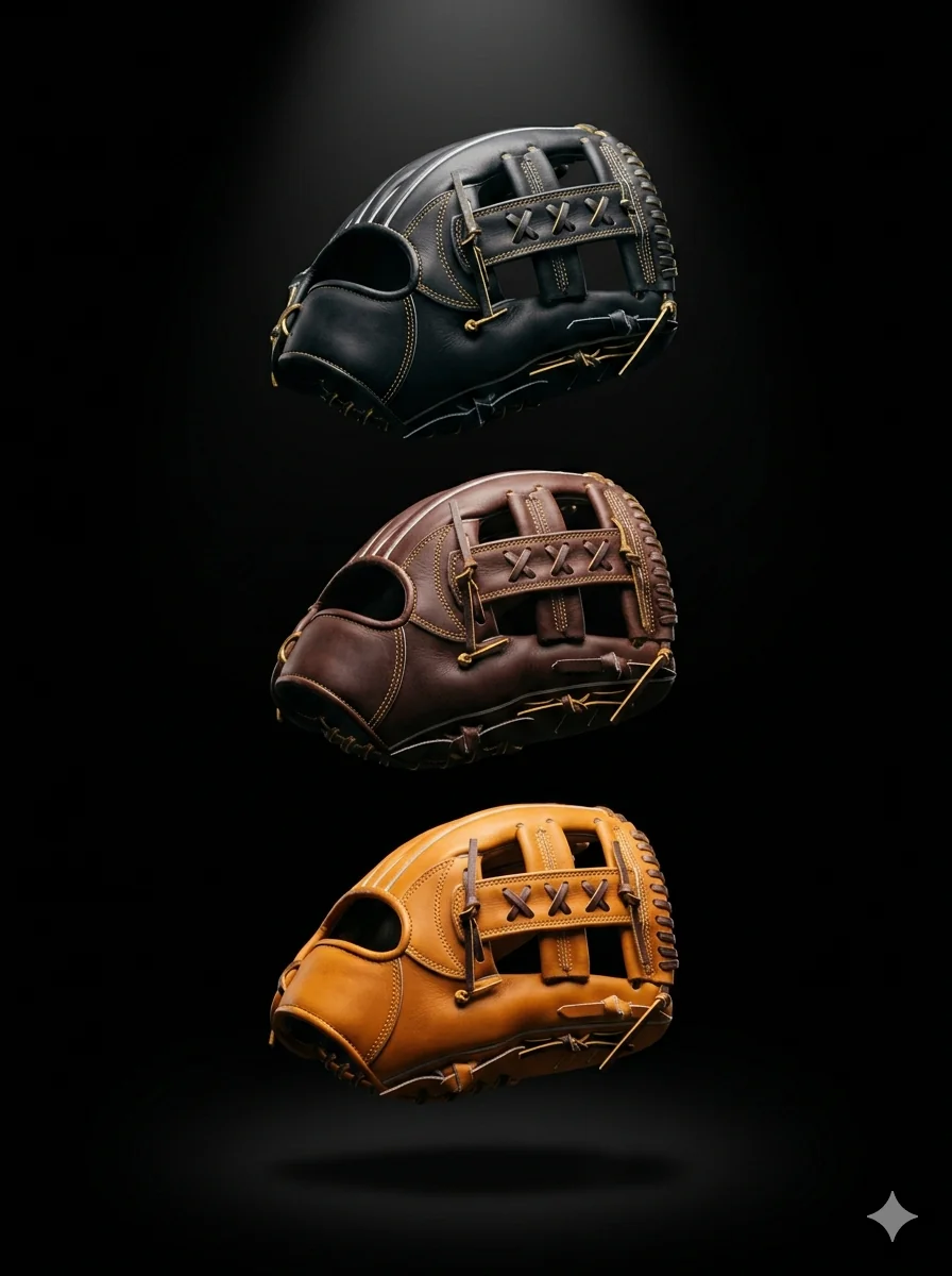 Three premium baseball gloves floating on dark background