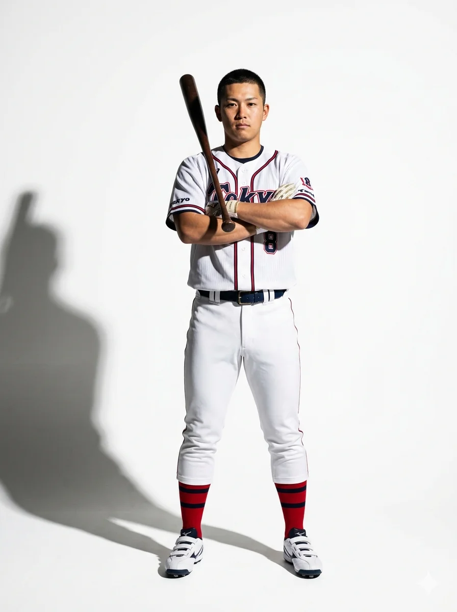 Baseball player standing confident with bat